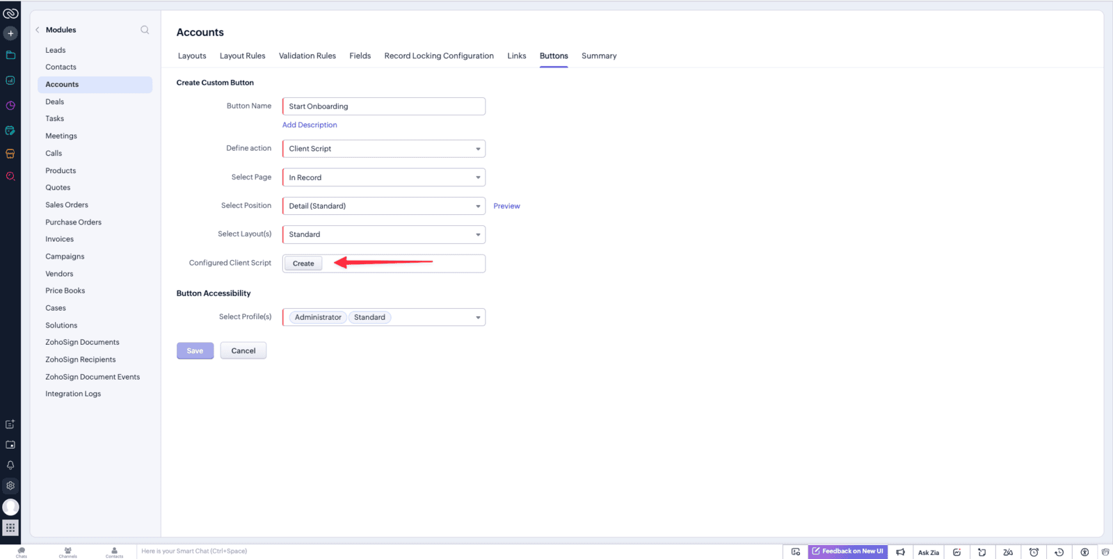 Screenshot of Button Configuration
