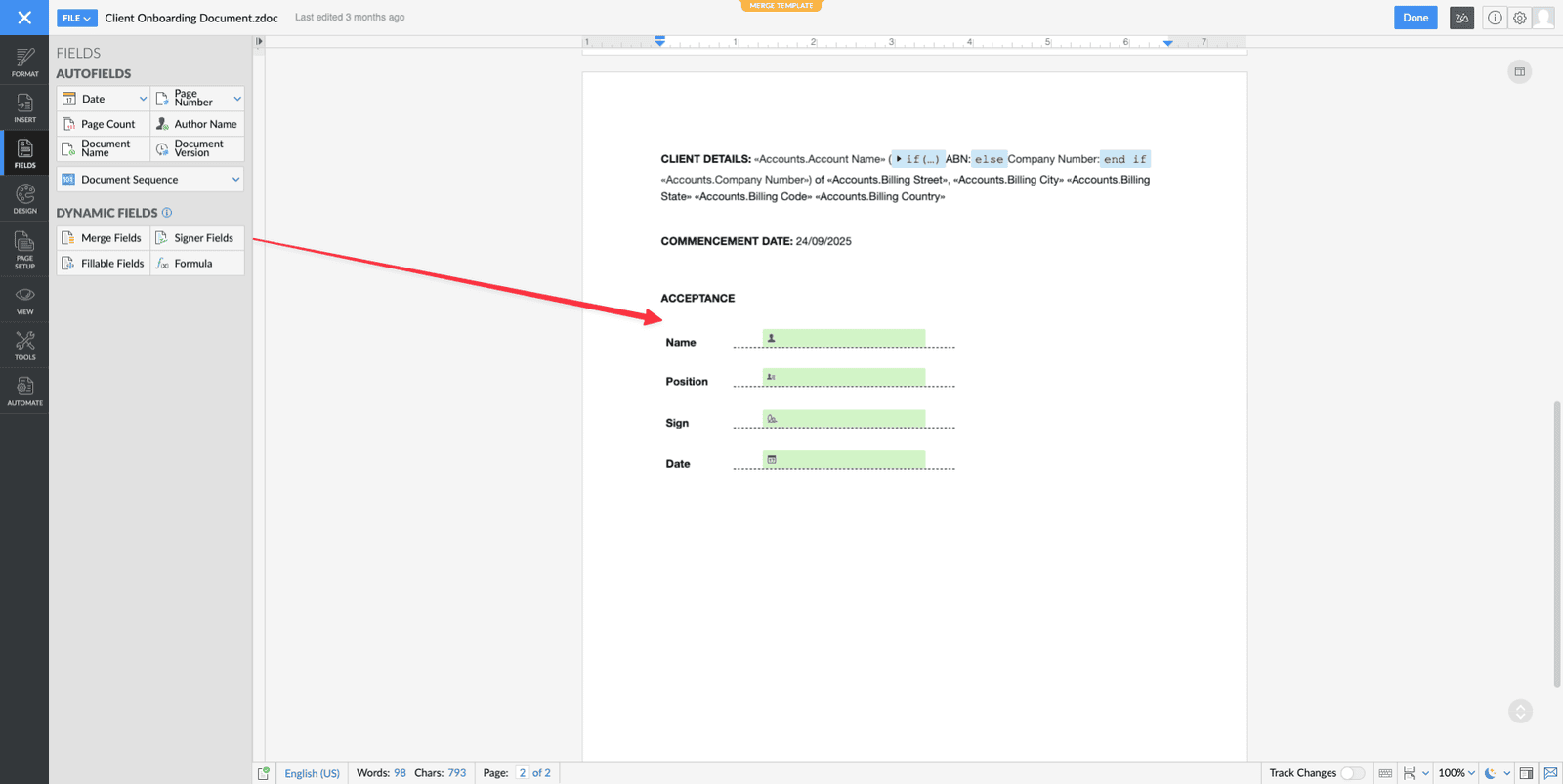 Screenshot of Zoho Mail Merge Signer Fields