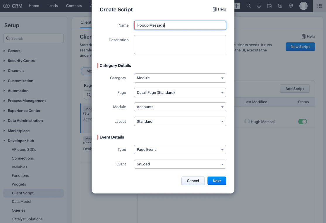 Screenshot of Client Script configuration