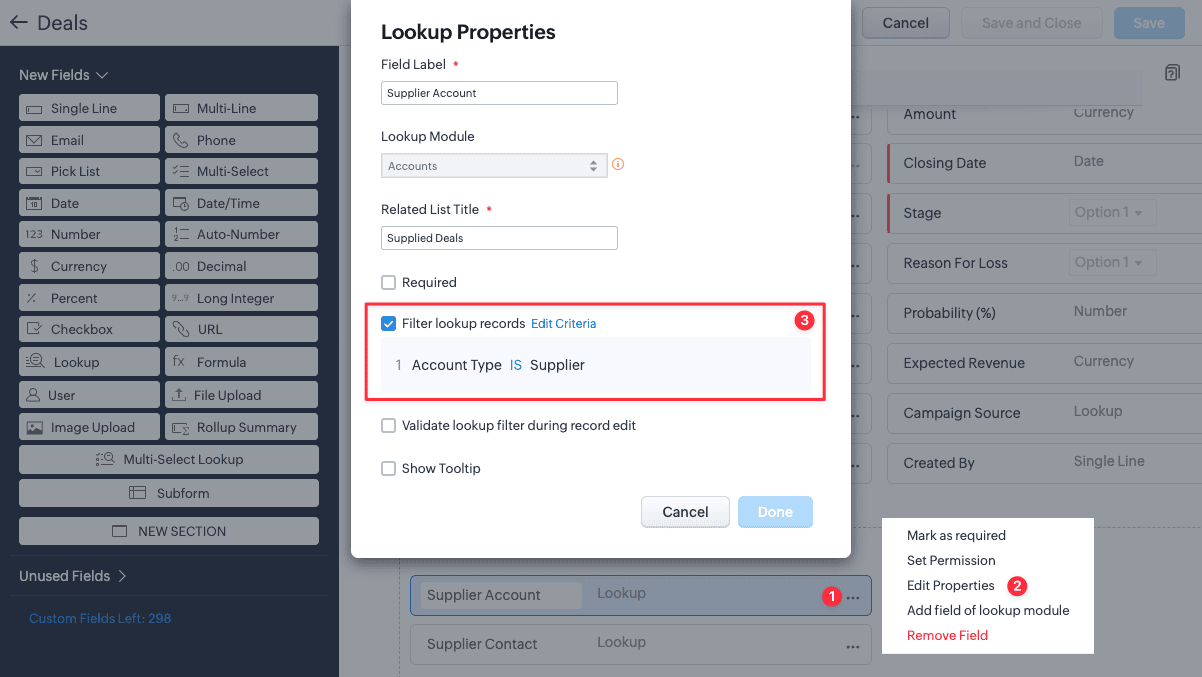 Screenshot of Lookup Filtering Configuration