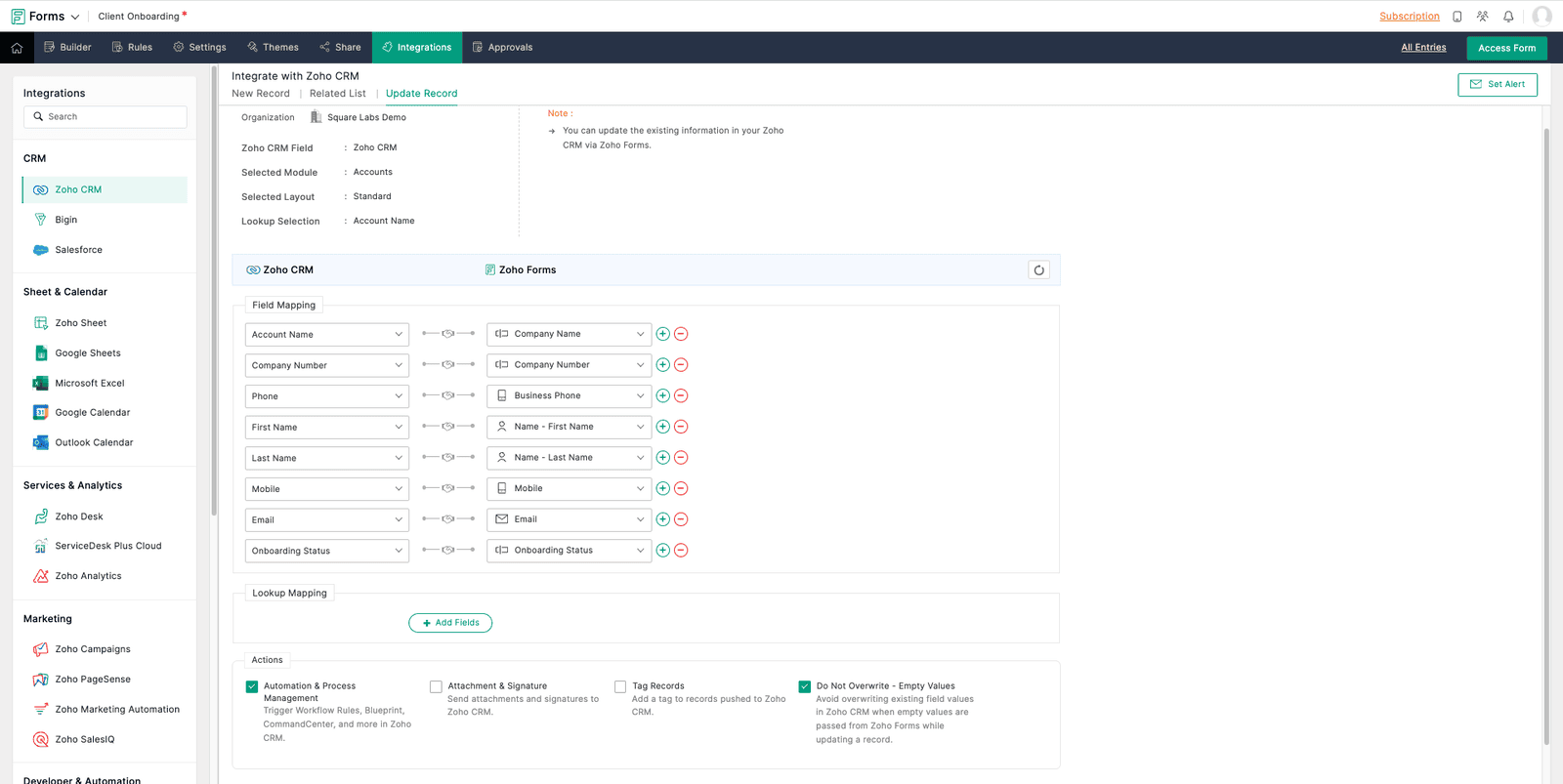 Screenshot of Zoho Forms Update Record Integration