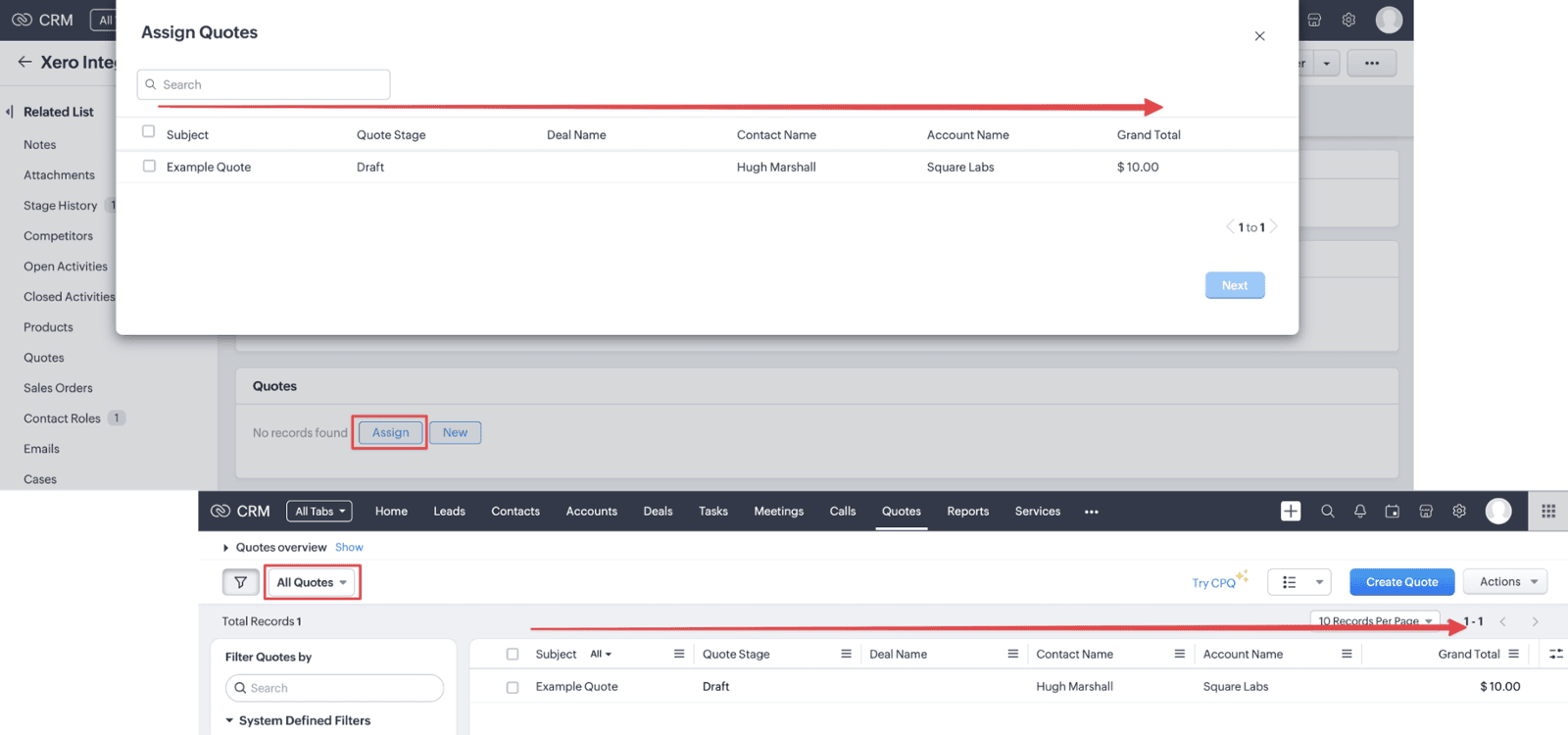 Screenshot of assigning record to related list