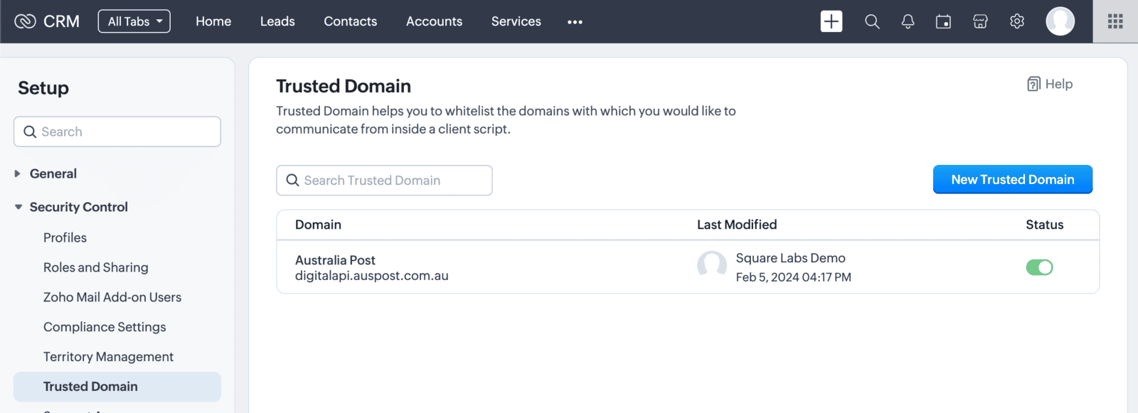 Screenshot of configuring Trusted Domain