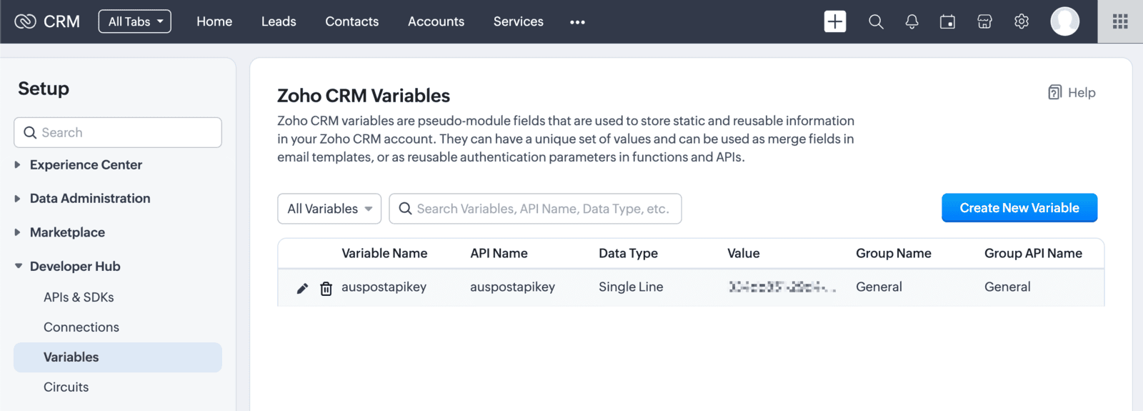 Screenshot of Configuring CRM Variable