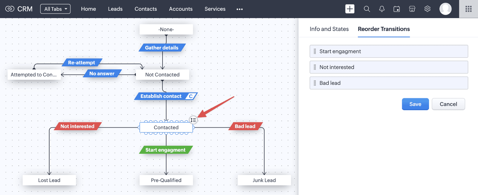 Screenshot of reordering blueprint transitions