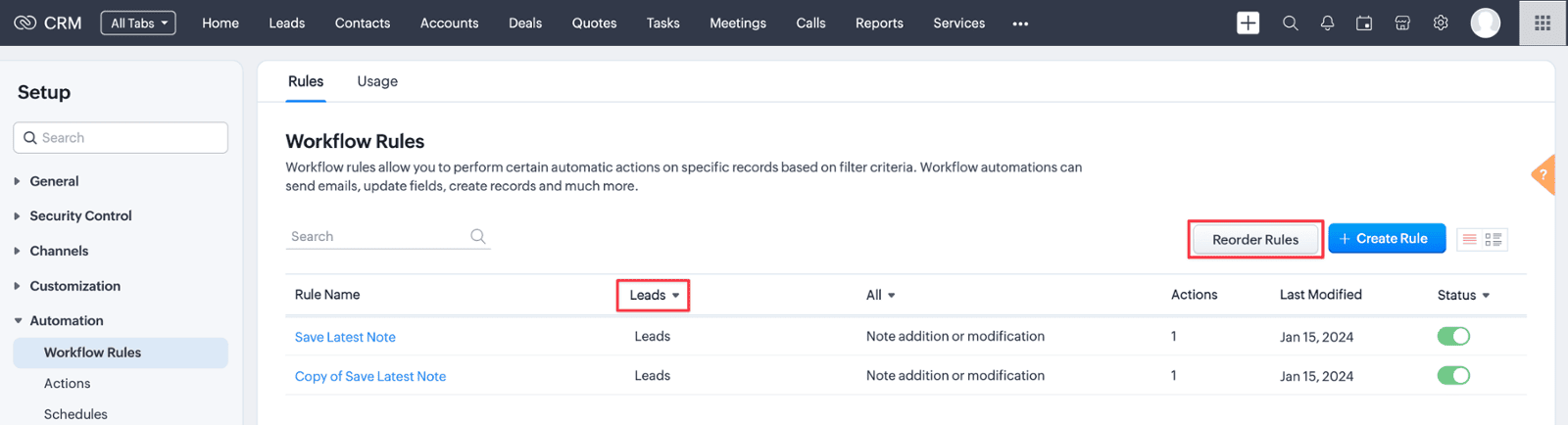 Screenshot of reordering workflows