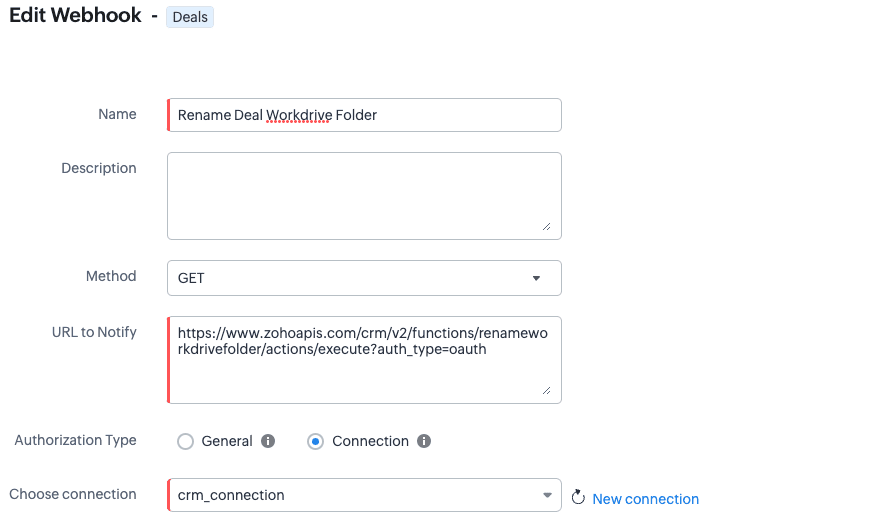 Screenshot of Webhook Creation Screen