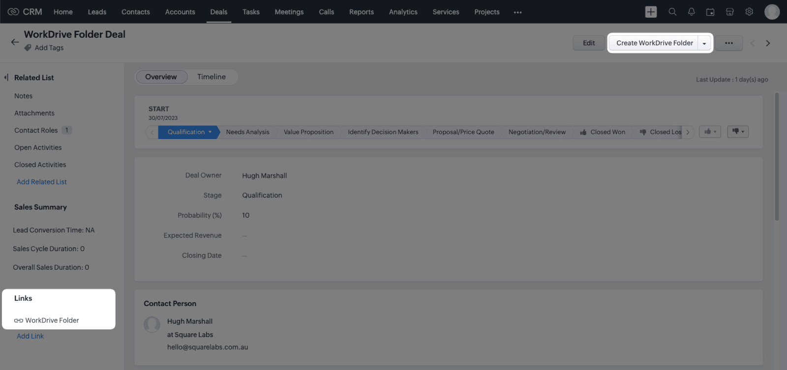 Screenshot of the WorkDrive Button and Links