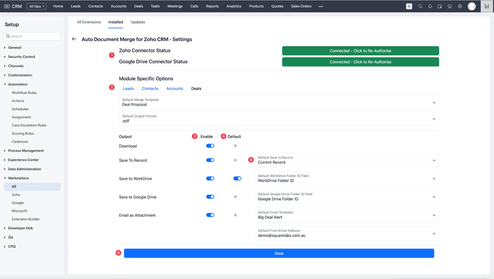 Screenshot of Zoho CRM Auto Document Merge Pro Extension installation guide