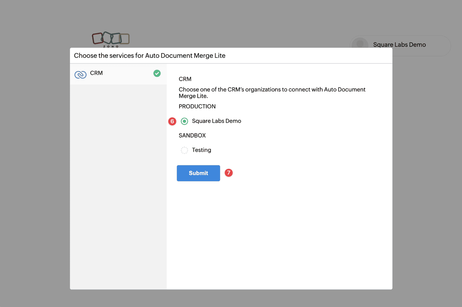 Screenshot of the Zoho CRM Auto Document Merge Lite installation guide