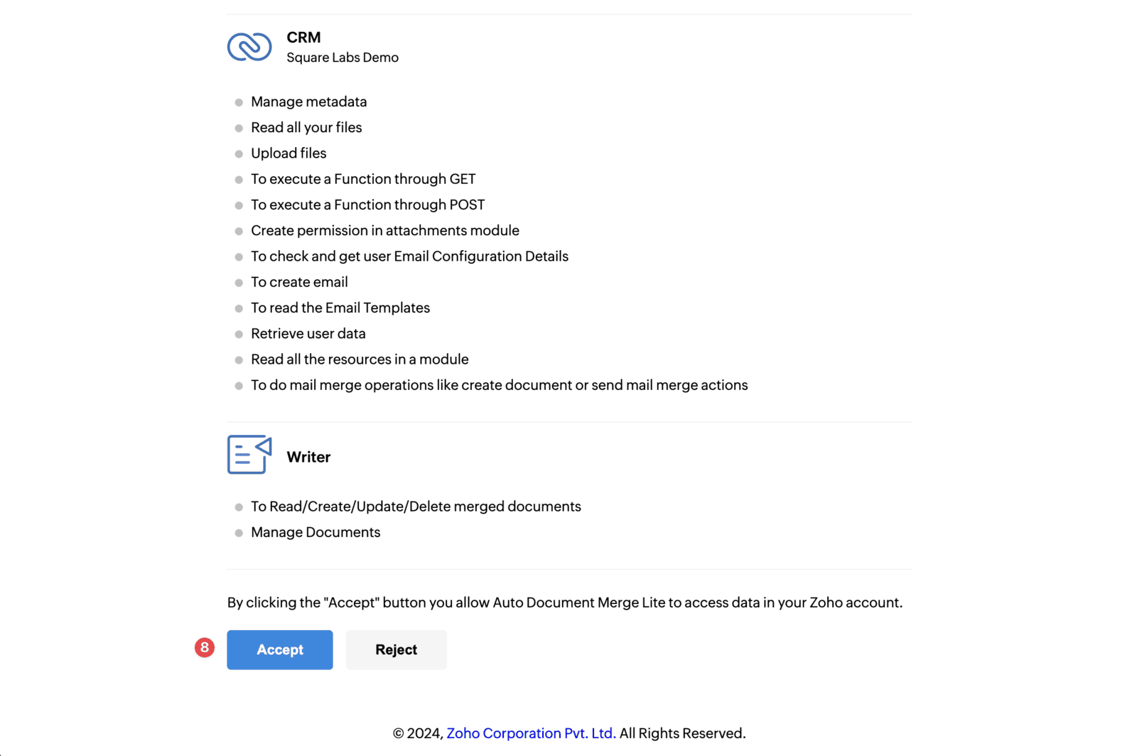 Screenshot of the Zoho CRM Auto Document Merge Lite installation guide