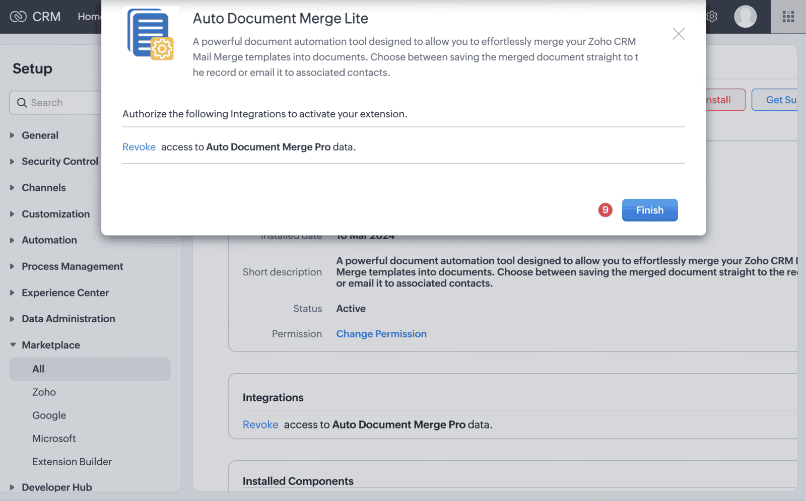 Screenshot of the Zoho CRM Auto Document Merge Lite installation guide