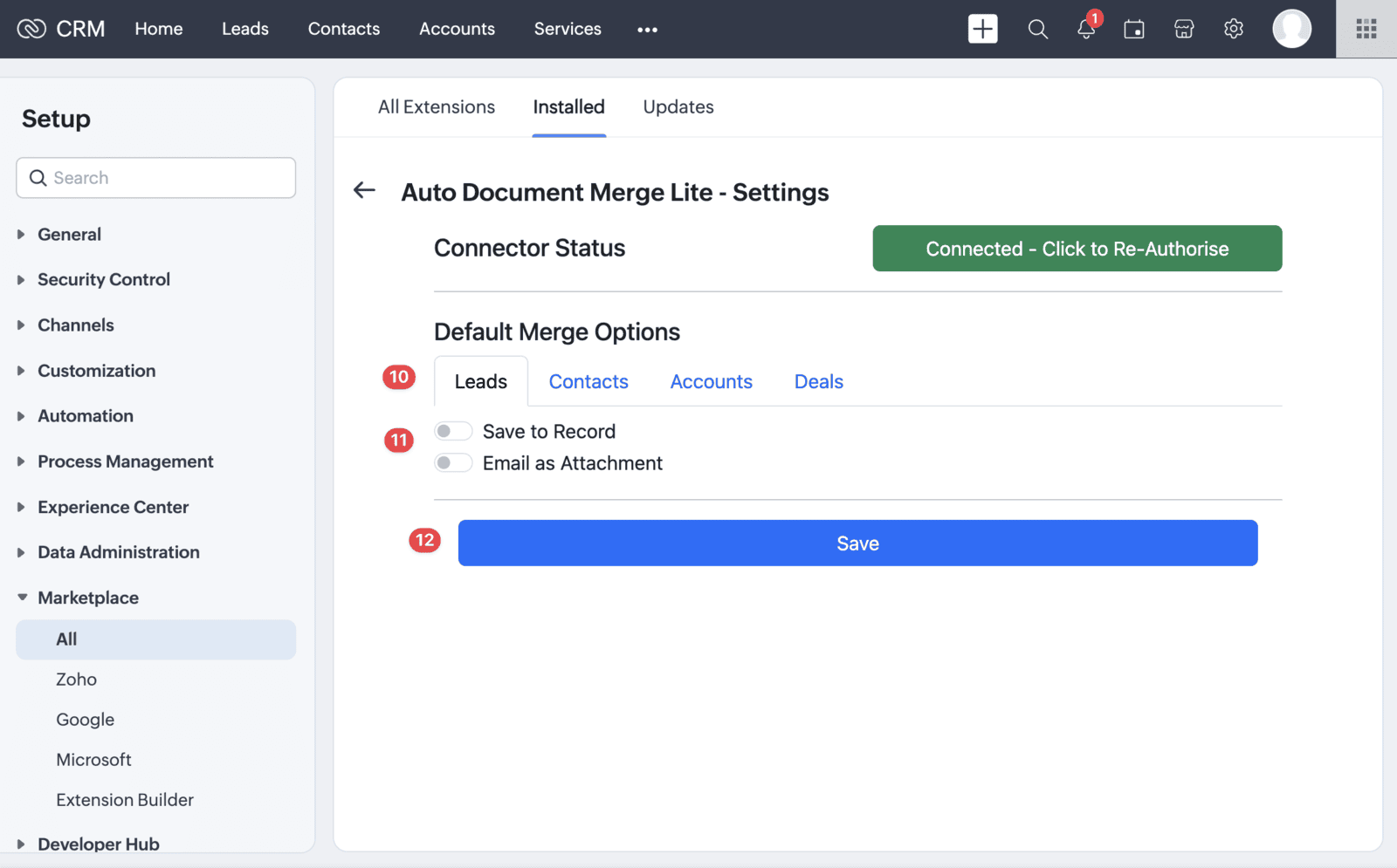 Screenshot of the Zoho CRM Auto Document Merge Lite installation guide