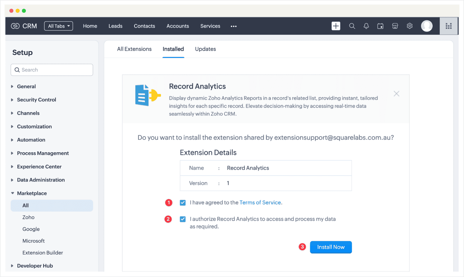 Screenshot of Zoho CRM Record Analytics Extension Installation Guide