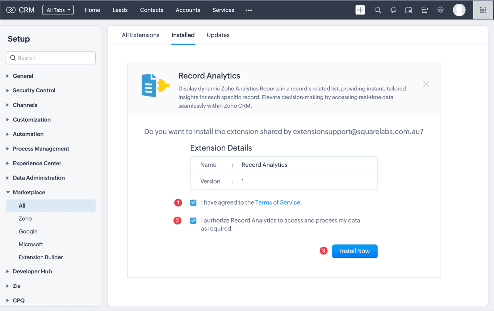 Screenshot of Zoho CRM Record Analytics Extension Installation Guide