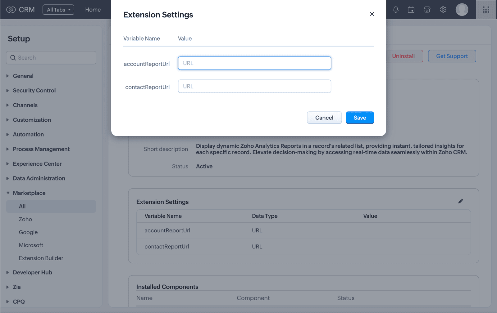 Screenshot of Zoho CRM Record Analytics Extension Installation Guide