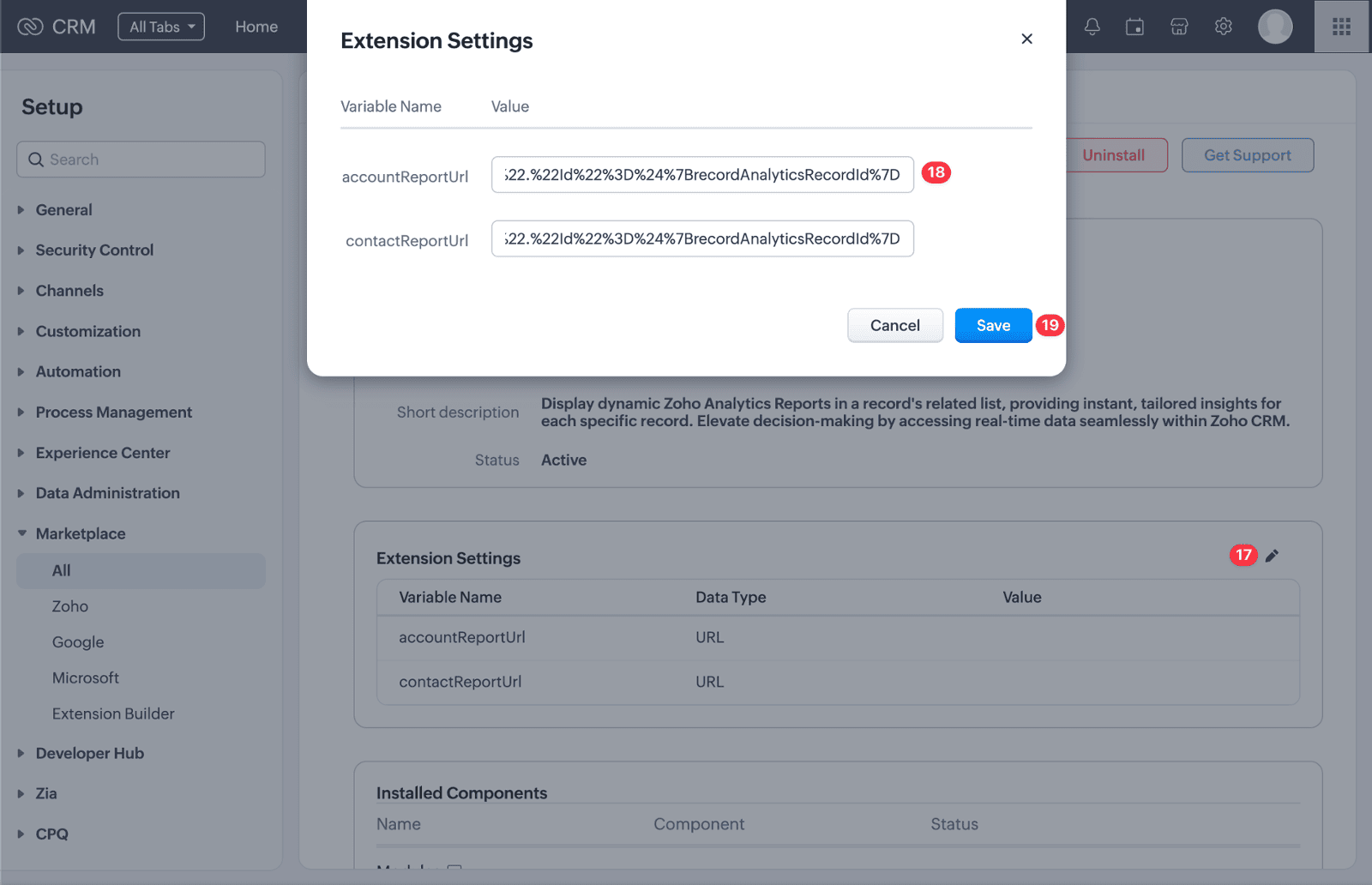 Screenshot of Zoho CRM Record Analytics Extension Installation Guide