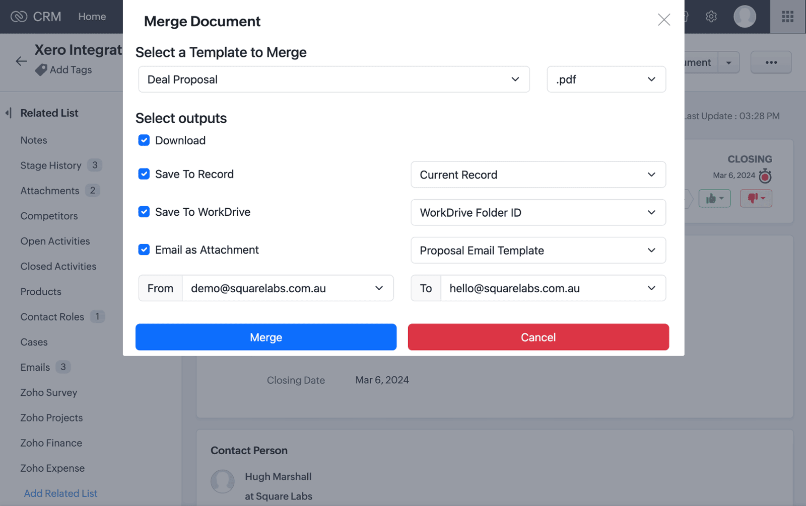 Screenshot of the Zoho CRM Auto Document Merge Pro extension - an extension for automated documented generation