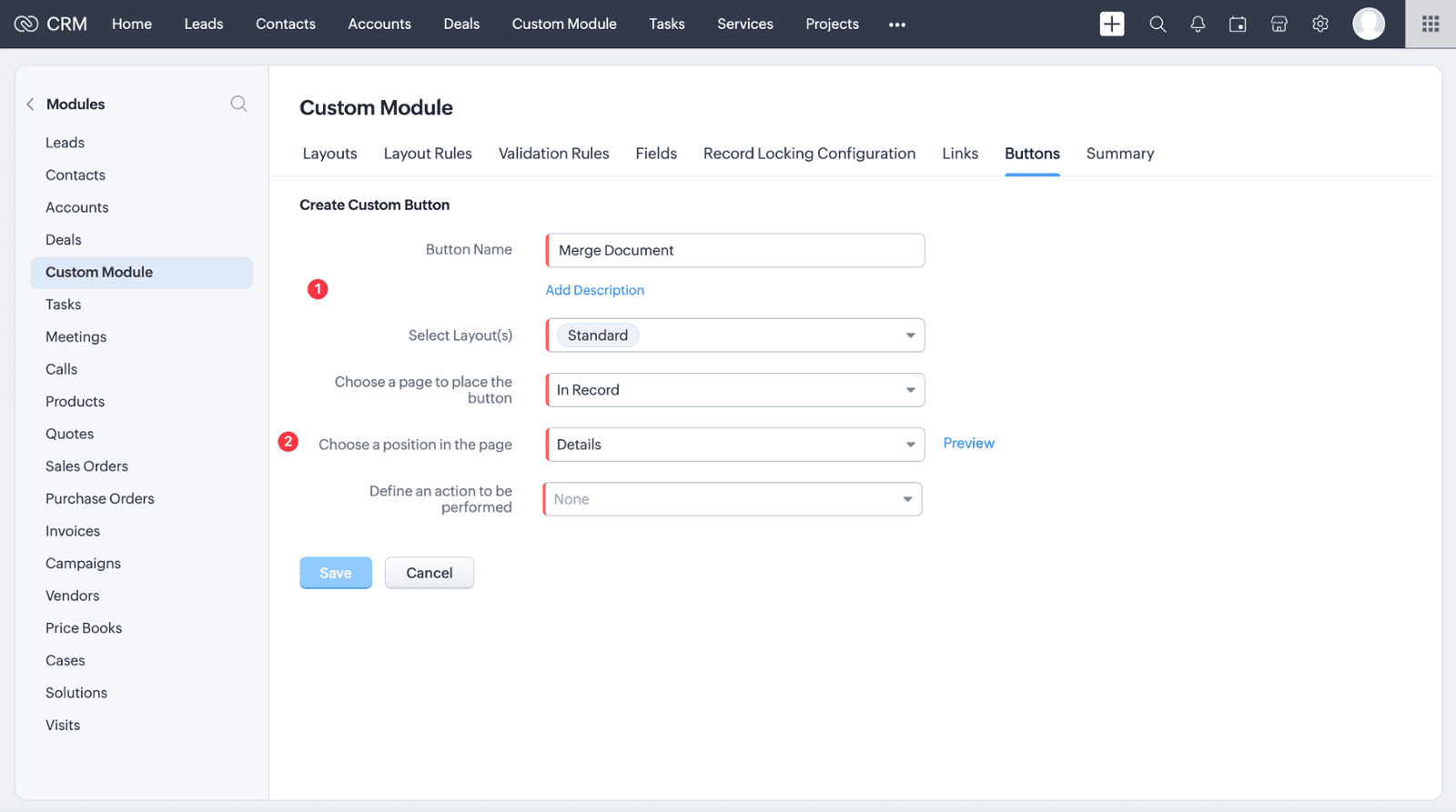 Screenshot of Zoho CRM Auto Document Merge Pro Extension Custom Module Guide