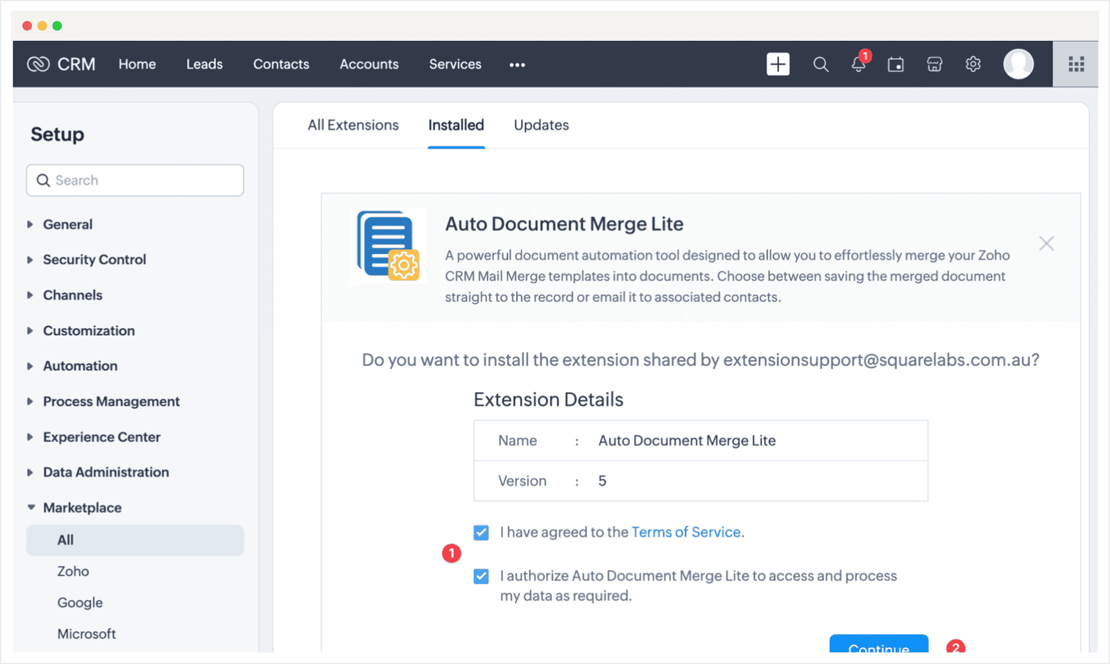 Screenshot of the Zoho CRM Auto Document Merge Lite installation guide