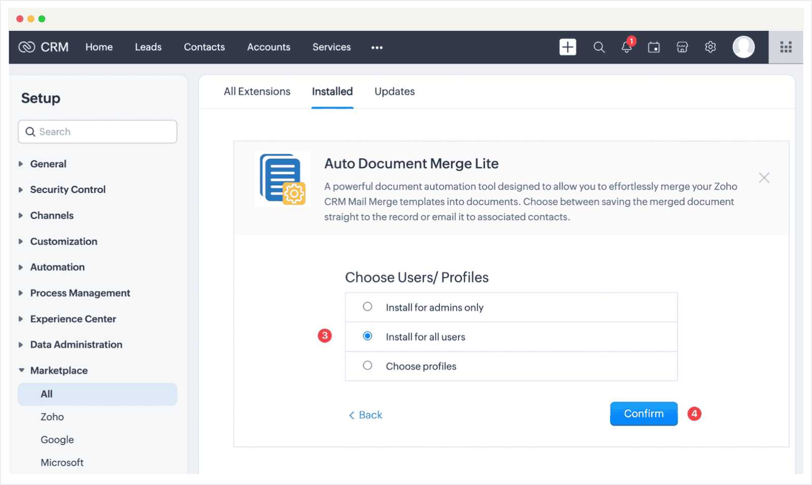Screenshot of the Zoho CRM Auto Document Merge Lite installation guide
