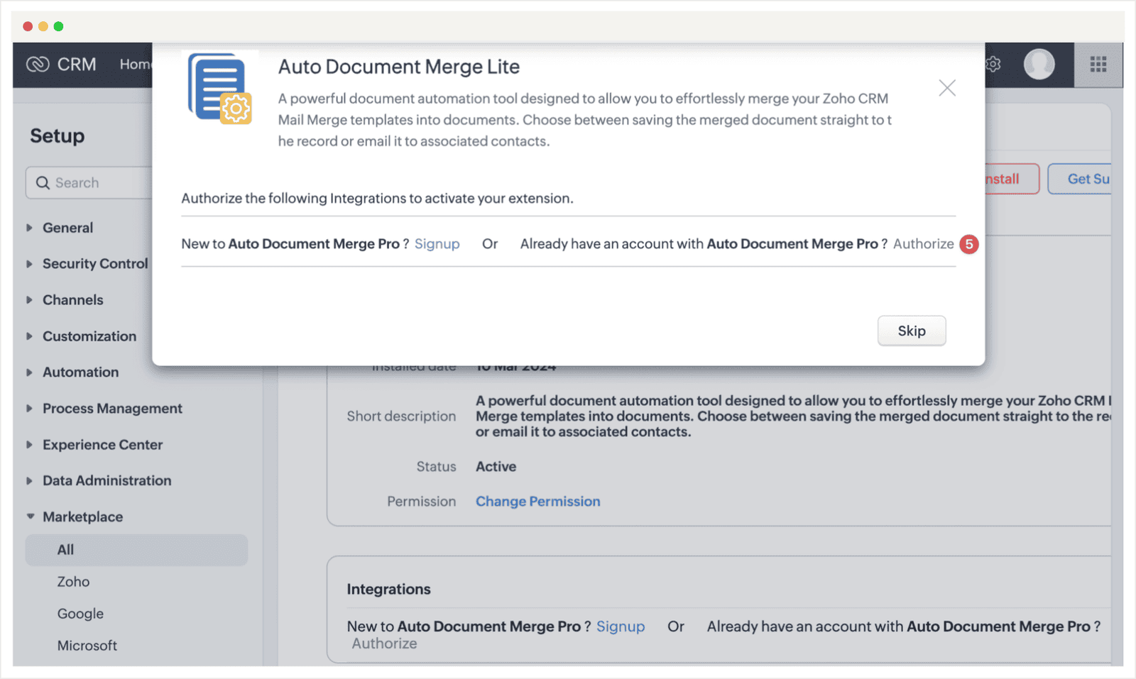 Screenshot of the Zoho CRM Auto Document Merge Lite installation guide