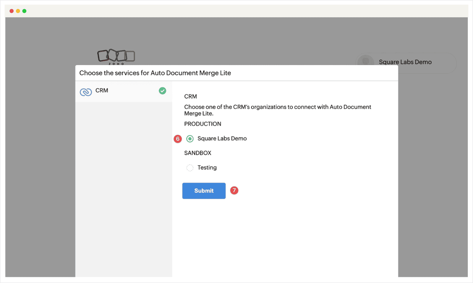 Screenshot of the Zoho CRM Auto Document Merge Lite installation guide