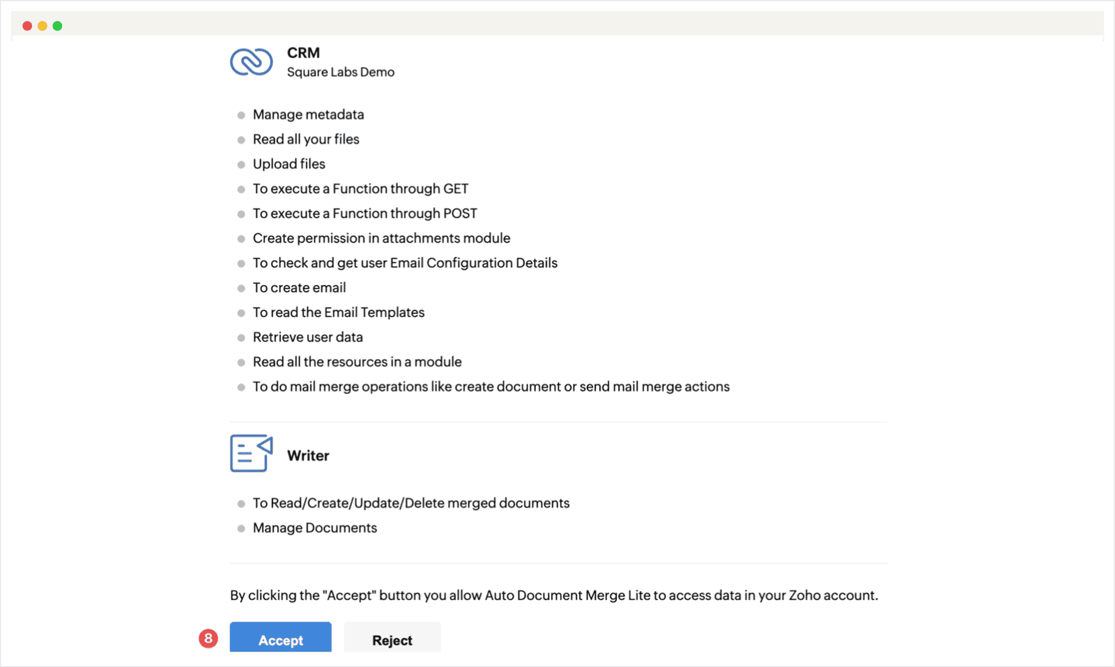 Screenshot of the Zoho CRM Auto Document Merge Lite installation guide