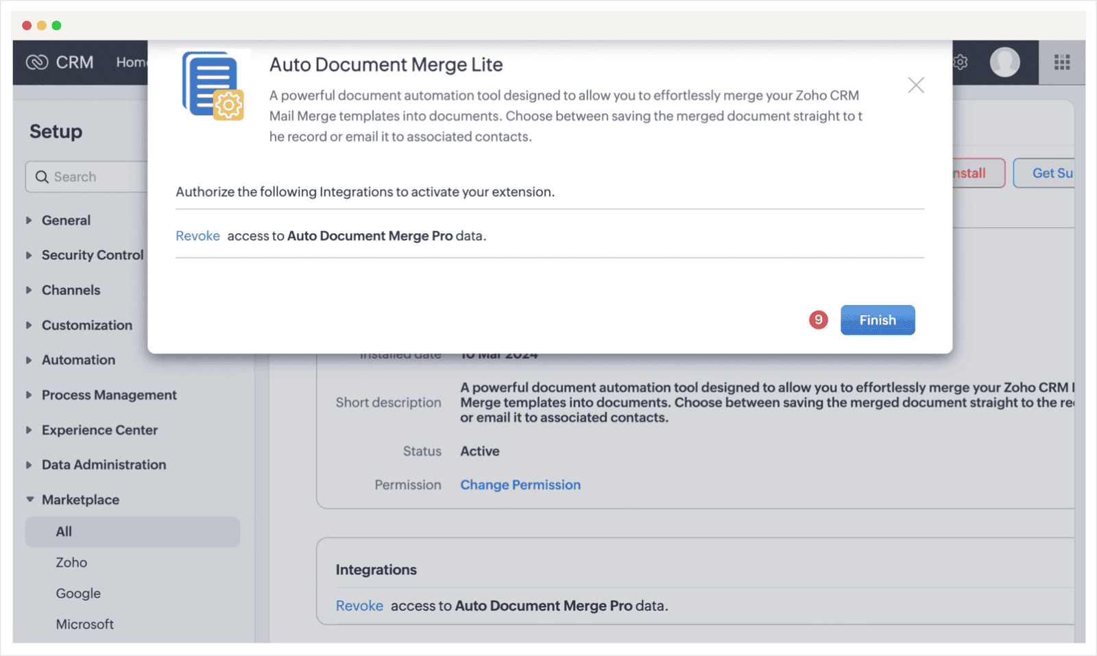 Screenshot of the Zoho CRM Auto Document Merge Lite installation guide