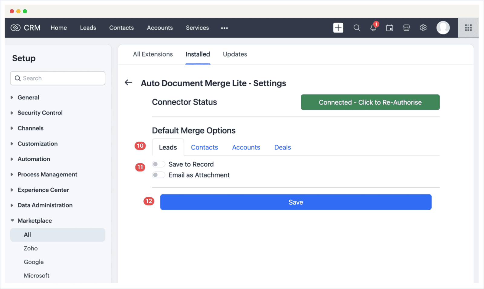 Screenshot of the Zoho CRM Auto Document Merge Lite installation guide