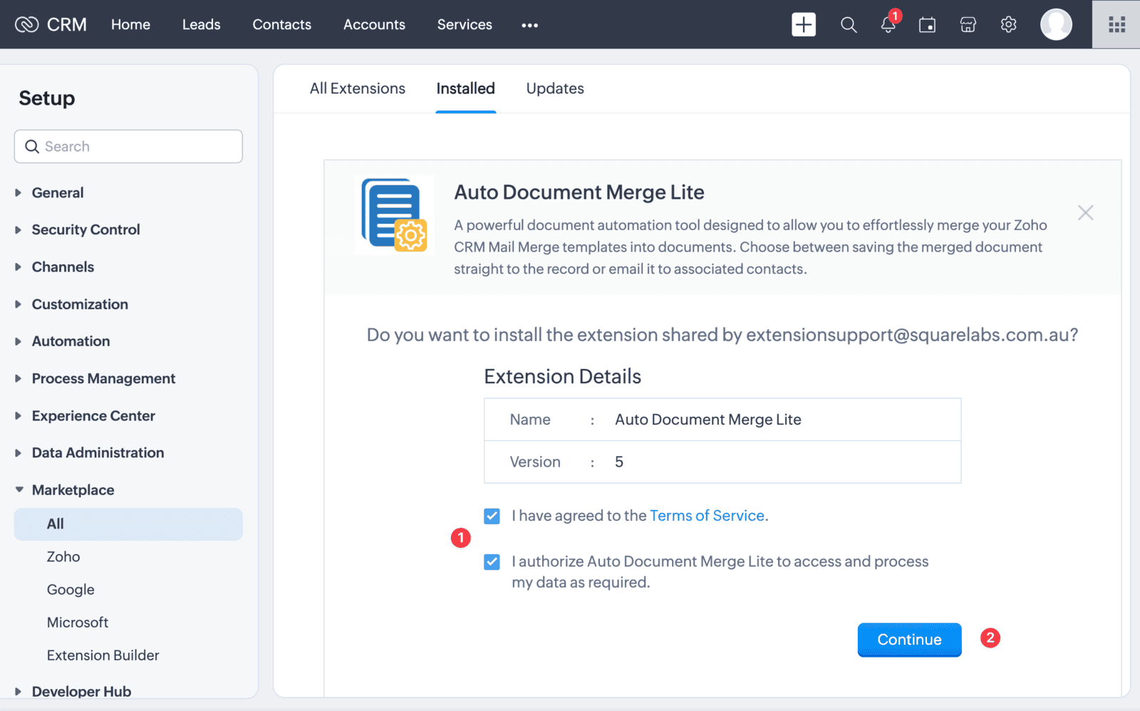 Screenshot of the Zoho CRM Auto Document Merge Lite installation guide