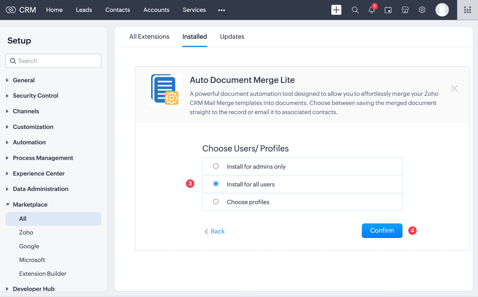 Screenshot of the Zoho CRM Auto Document Merge Lite installation guide
