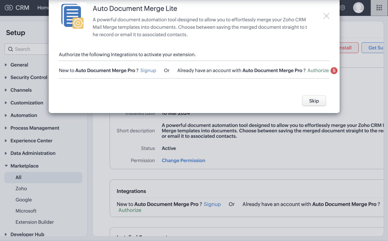 Screenshot of the Zoho CRM Auto Document Merge Lite installation guide
