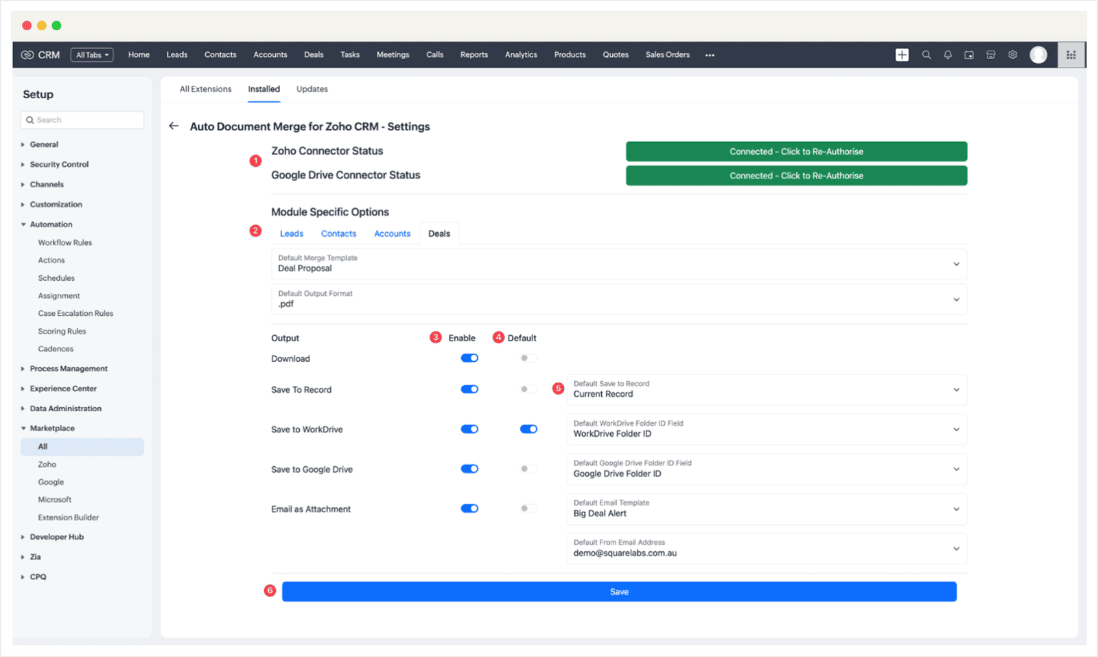 Screenshot of Zoho CRM Auto Document Merge Pro Extension installation guide