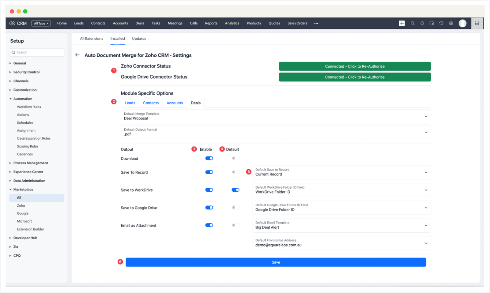 Screenshot of Zoho CRM Auto Document Merge Pro Extension settings guide