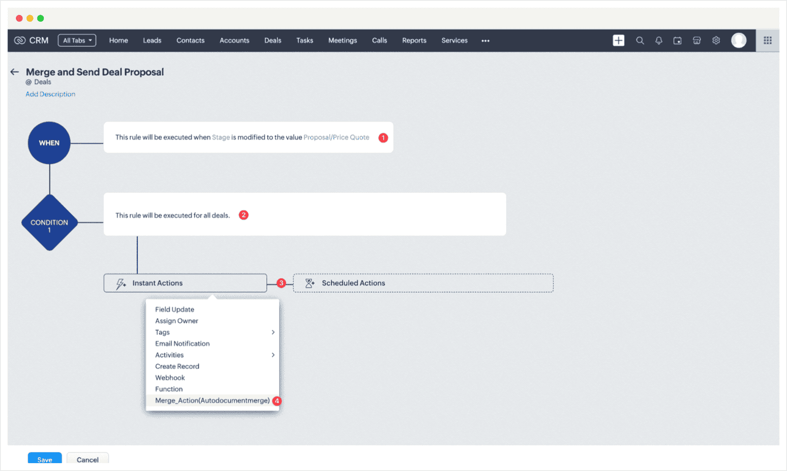 Screenshot of Zoho CRM Auto Document Merge Pro Extension Workflow Guide