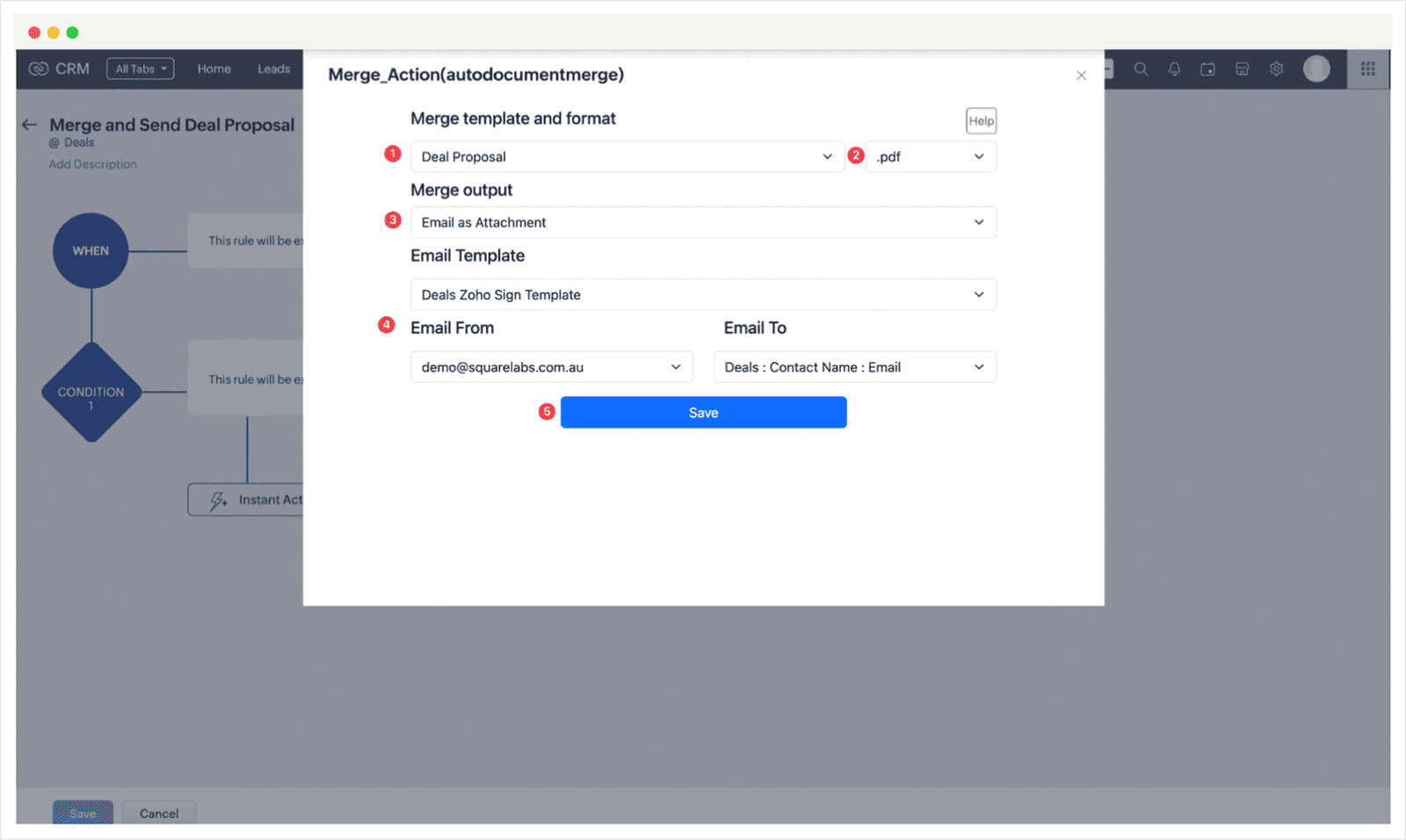 Screenshot of Zoho CRM Auto Document Merge Pro Extension Workflow Guide
