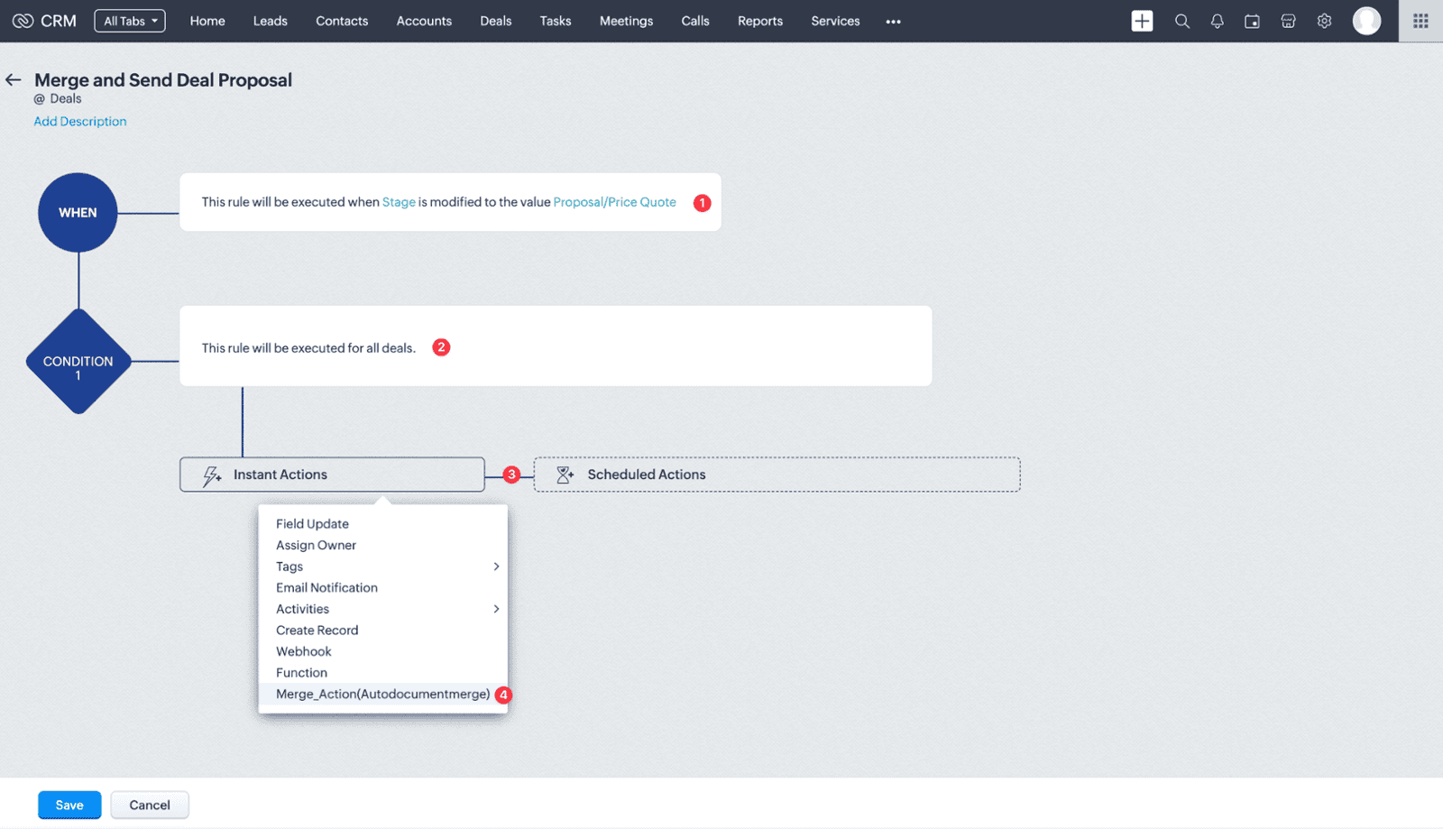 Screenshot of Zoho CRM Auto Document Merge Pro Extension Workflow Guide