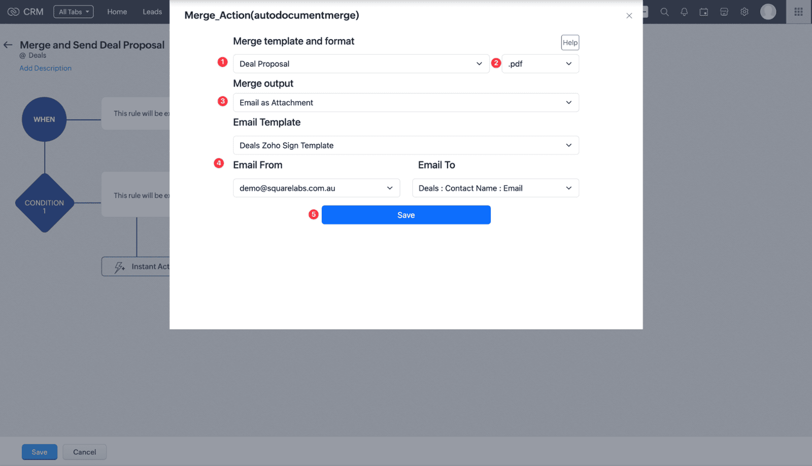 Screenshot of Zoho CRM Auto Document Merge Pro Extension Workflow Guide