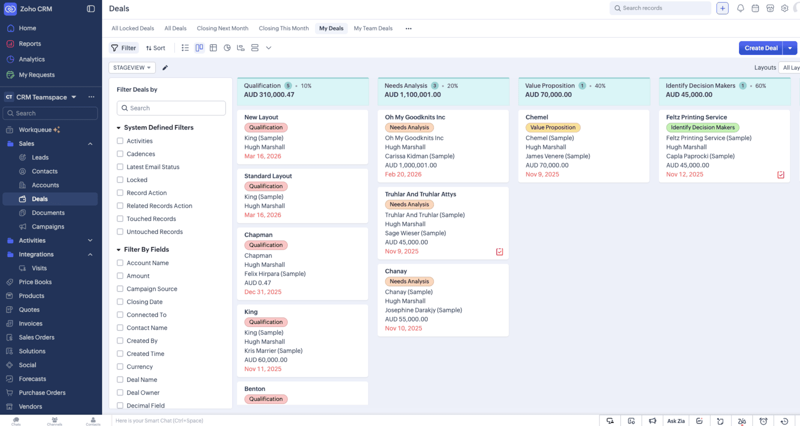 Screenshot of the Deals Module in Zoho CRM