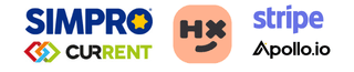 Simpro logo, Current RMS logo, Humanitix logo, Stripe logo, Apollo io logo