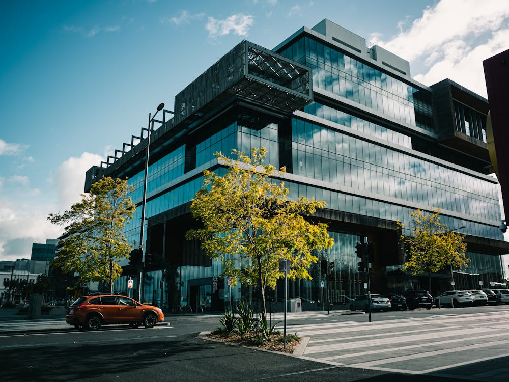 Photograph of a city building and cars